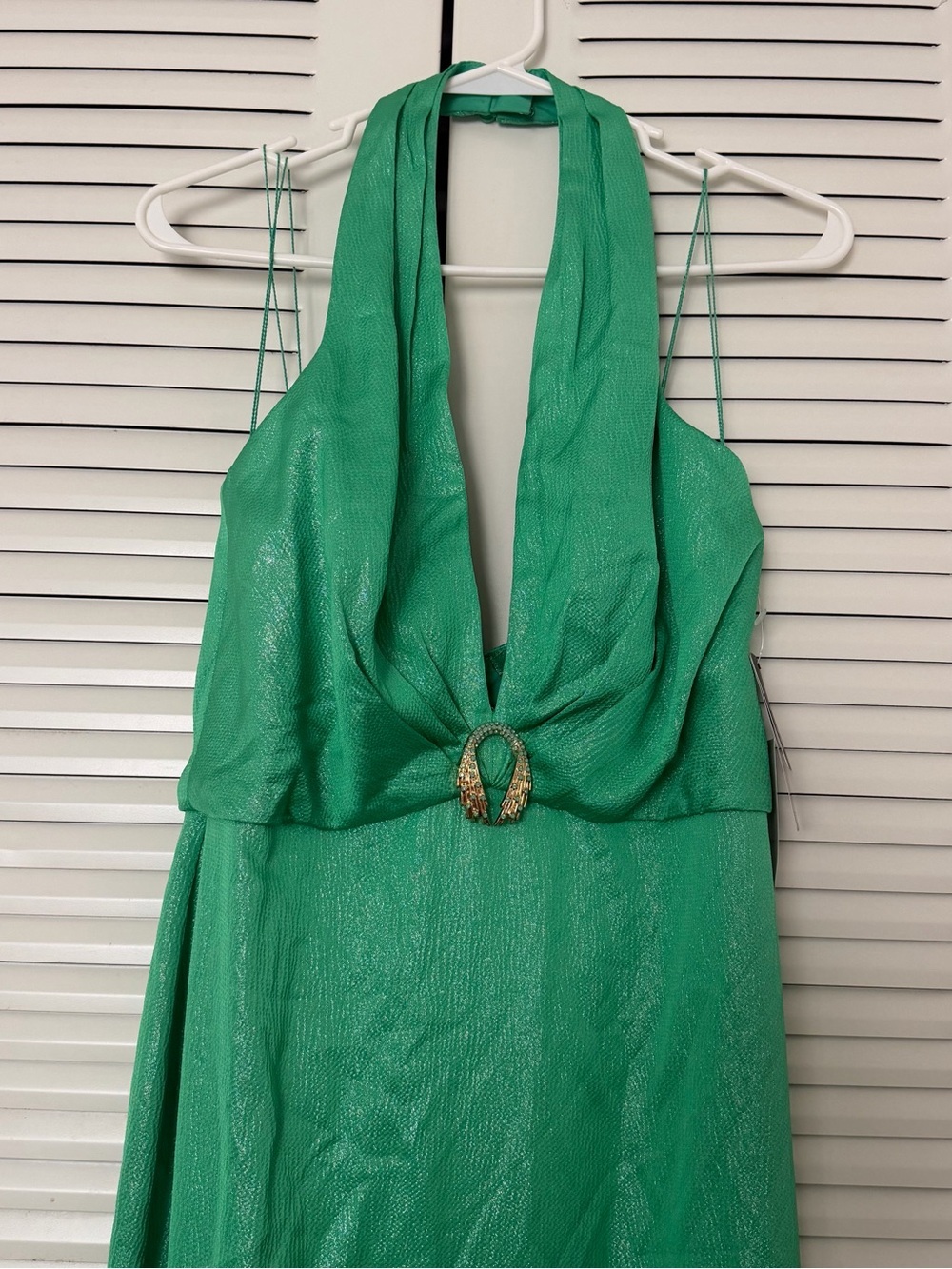 Liv Foster Foiled Satin V-Neck Halter Gown Summer Green Size 6 - Picture 7 of 13